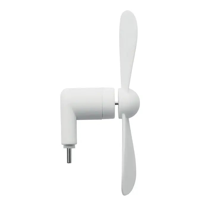 Ventilator portabil usb-c alb din plastic cu trei pale si baza de montare la unghi drept pentru birou