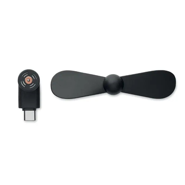 Ventilator portabil usb-c negru cu lame mate din material plastic si adaptor de incarcare compact usb-powered