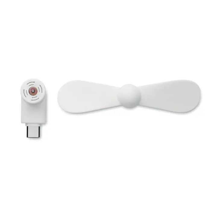 Ventilator portabil usb-c alb cu doua pale rotunjite si baza compacta circulara cu linii concentrice si accent cuprat