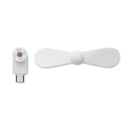 Ventilator portabil usb-c alb cu doua pale rotunjite si baza compacta circulara cu linii concentrice si accent cuprat