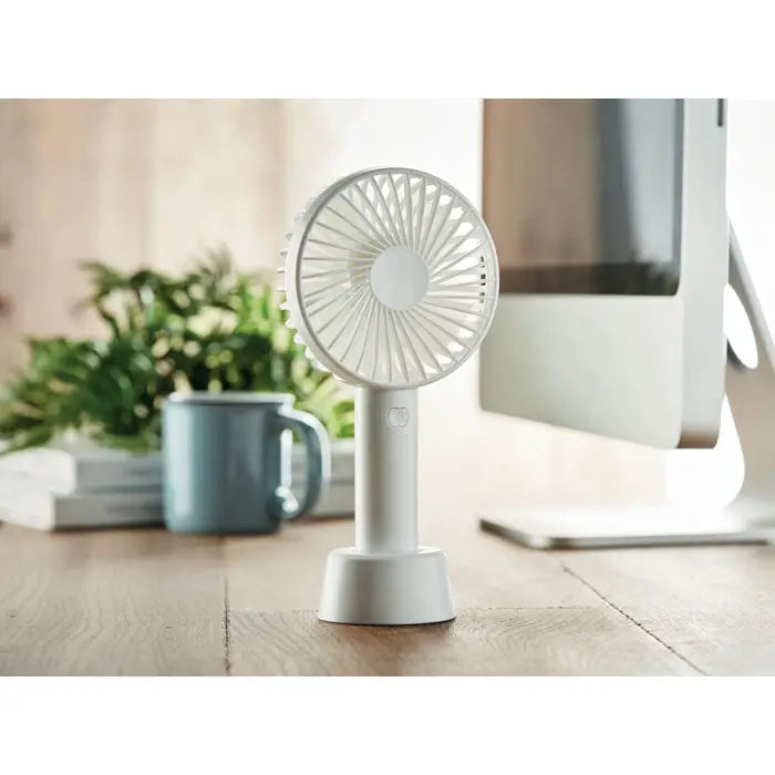 Ventilator usb de birou alb cu design circular al paletelor si corp plastic elegant pentru birou