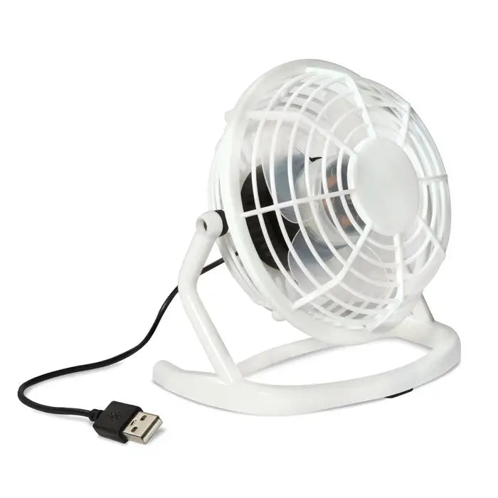 Ventilator usb alb alimentat prin usb cu grilaj circular si suport curbat pentru birou
