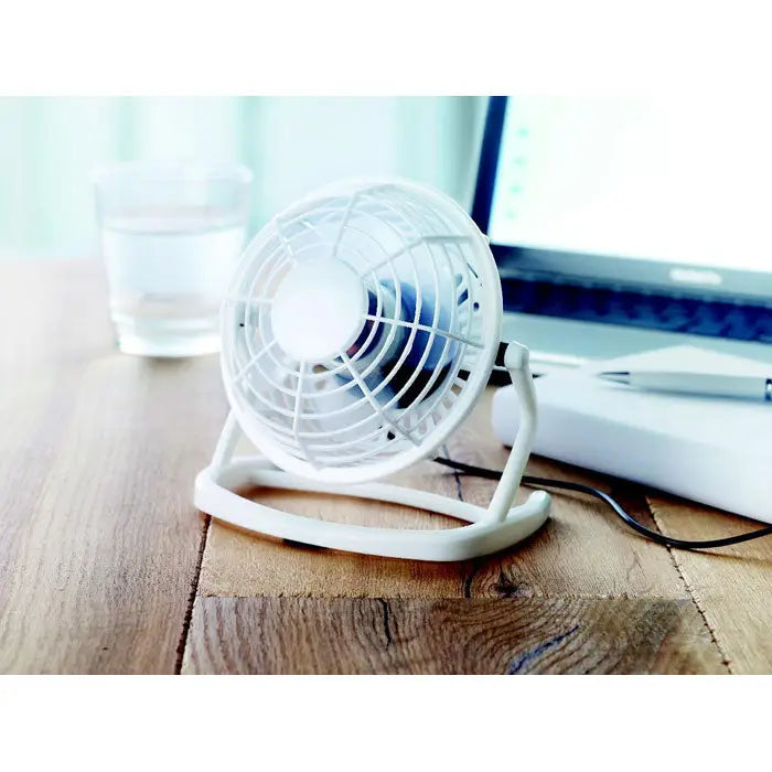 Ventilator usb alb de birou cu grilaj circular si suport curbat pentru racire eficienta