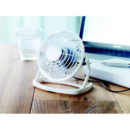 Ventilator usb alb de birou cu grilaj circular si suport curbat pentru racire eficienta