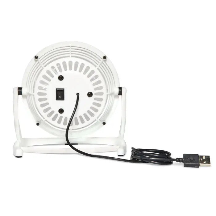 Ventilator usb alb alimentat prin usb cu grilaj circular si cablu de alimentare negru pentru birou