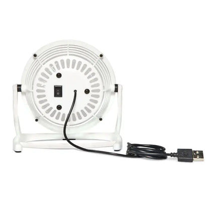 Ventilator usb alb alimentat prin usb cu grilaj circular si cablu de alimentare negru pentru birou
