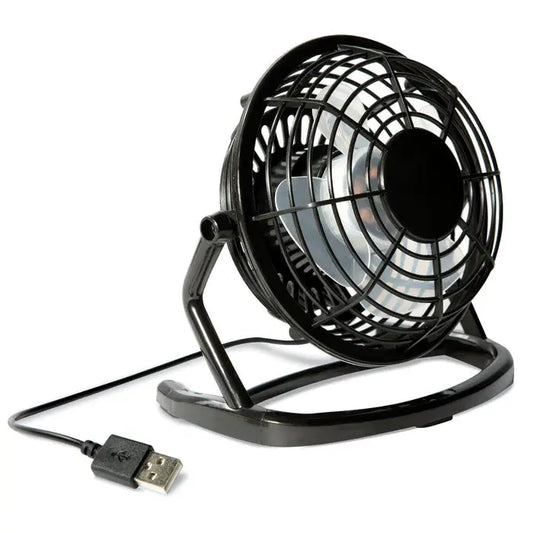Ventilator usb negru cu grilă circulară și suport robust ideal pentru birou alimentat prin usb
