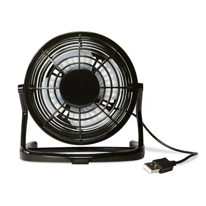 Ventilator usb negru alimentat prin usb cu grilaj circular si baza solida pentru birou
