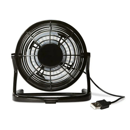 Ventilator usb negru alimentat prin usb cu grilaj circular si baza solida pentru birou