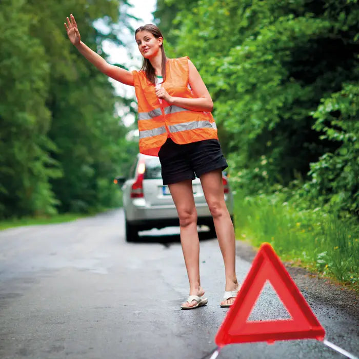 Vesta din material tricotat cu semnal de avertizare triunghi rosu pentru siguranta in utilizare