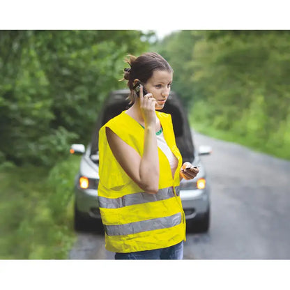 Vesta din material tricotat galben strălucitor cu dungi reflectorizante argintii pentru siguranță crescută