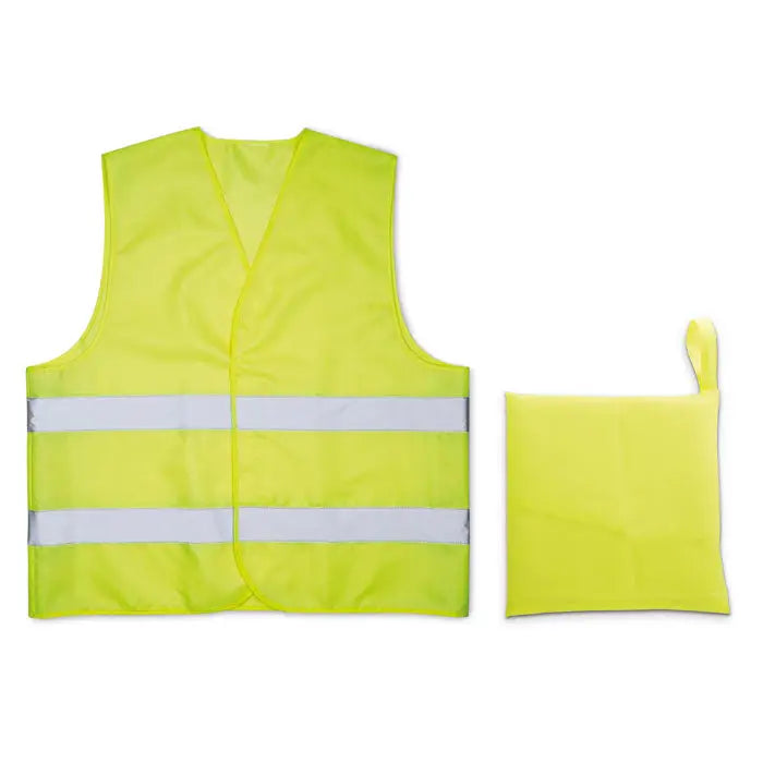Vesta din material tricotat galben reflectorizant cu dungi albe orizontale și husă compactă de depozitare