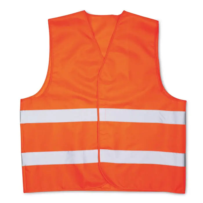 Vesta din material tricotat de culoare portocaliu aprins cu doua dungi reflectorizante orizontale albe