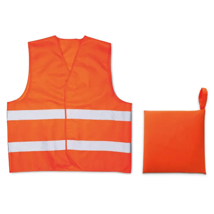 Vesta din material tricotat portocaliu cu dungi reflectorizante albe si saculet compact de depozitare