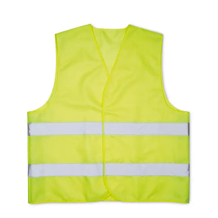 Vesta din material tricotat galbenă cu două dungi reflectorizante orizontale pentru siguranță