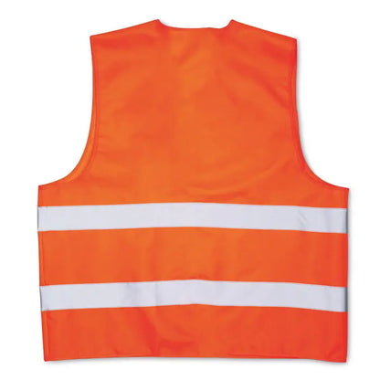 Vesta din material tricotat de siguranta portocalie cu doua dungi reflectorizante albe orizontale