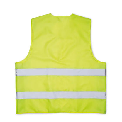 Vesta din material tricotat galben aprins cu doua dungi reflectorizante orizontale pentru siguranta