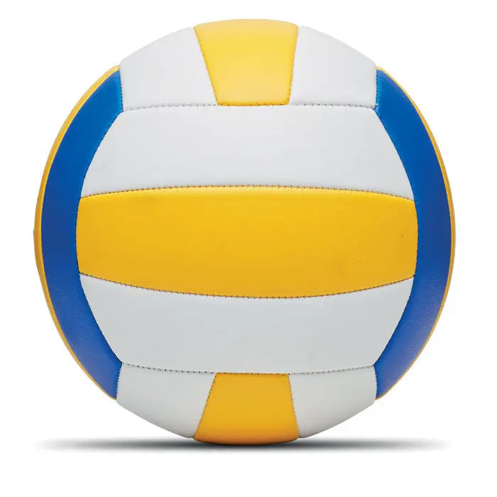 Volei din pvc mat cu panouri albe, galbene si albastre cusute, mingea clasica pentru volei
