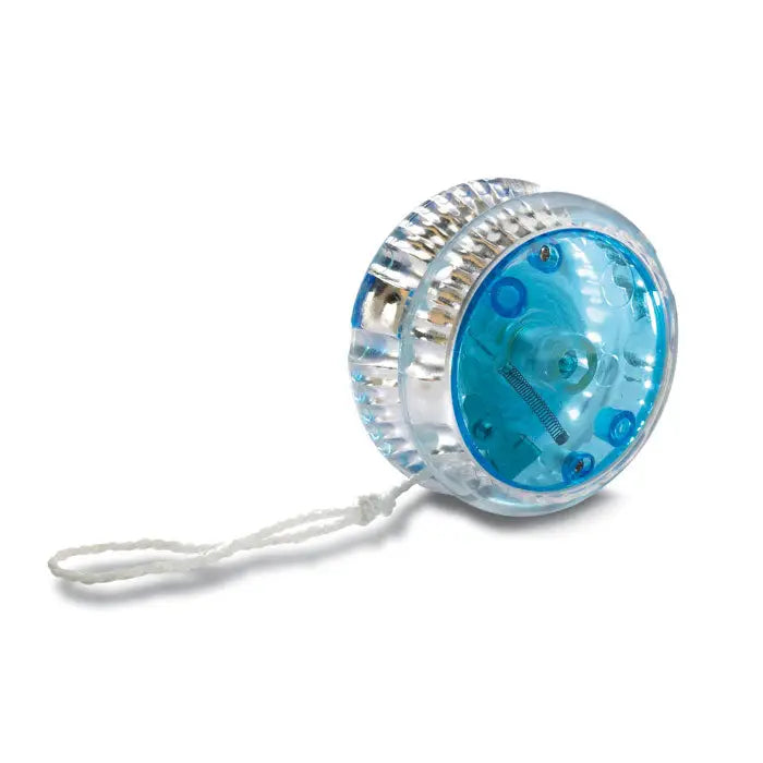 Yo-yo cu lumina din plastic transparent cu interior albastru translucid si margine metalica argintie cu sfoara alba atasata