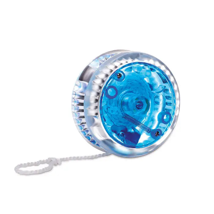 YoYo cu lumina translucent albastru si plastic clar cu lumina interioara si accente metalice argintii pe margine
