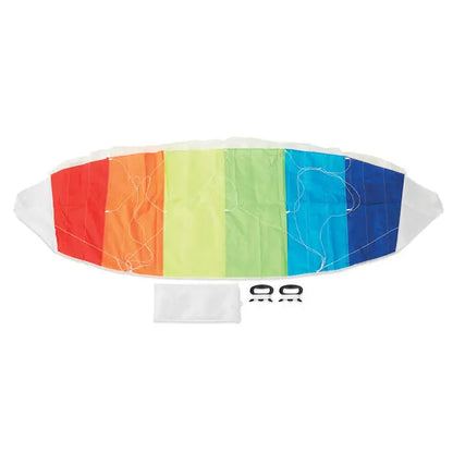 Zmeu cu design curcubeu din material textil cu margini albe si fire vizibile pentru zbor